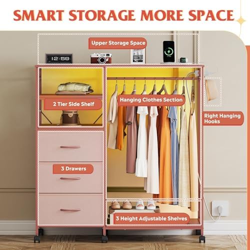 WLIVE LED Dresser for Bedroom, 3 Drawers with Hanging Rack, Pink