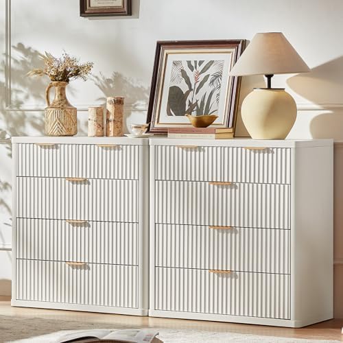 LEYAOYAO Fluted 5 Drawers Dresser for Bedroom, 34" Tall Modern Chest of Drawers with Metal Handle, Curved Profile Design,White Wood Drawer Organizer for Bedroom, Living Room, Hallway, Entryway