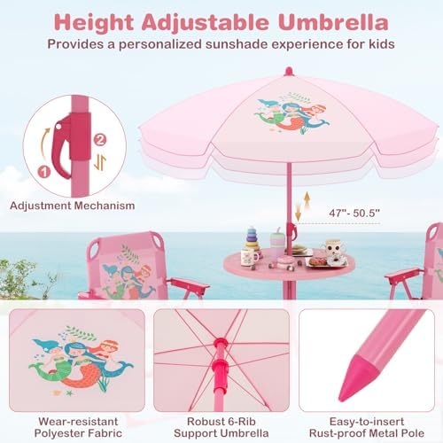 Costzon Kids Picnic Table, Kids Outdoor Table with 2 Folding Chairs, Height Adjustable Umbrella, Portable Children Outdoor Furniture for Patio, Garden, Backyard (Pink)