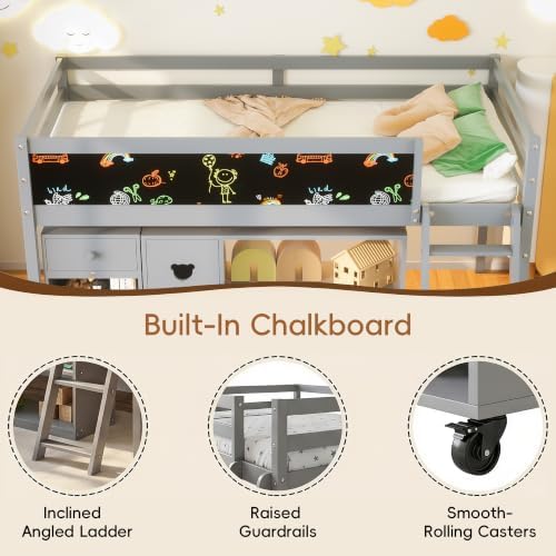 Low Loft Bed with Desk, Twin Size Solid Wood Bed Frame w/Storage Bookshelf & Blackboard, Full Guardrail, Ladder, No Box Spring Needed for Kids Teen, Easy Assembly (Grey)