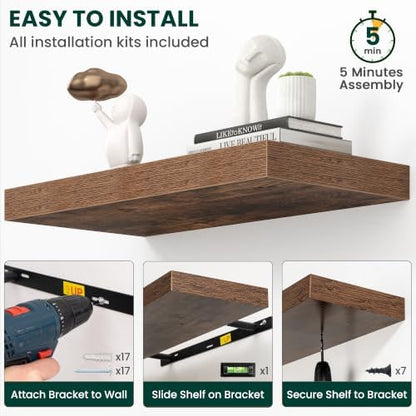 12 Inch Deep Floating Shelves Brown, 48 Inch Long, 2" Thick Floating Shelves for Wall, Hidden Bracket, Scratch-Resistant Wood Grain for Bedroom Bathroom Kitchen, Coffee Bar, Bookshelf