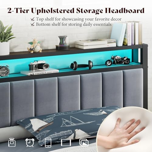 AMERLIFE Twin Bed Frame with LED Lights & 2-Tier Storage Headboard