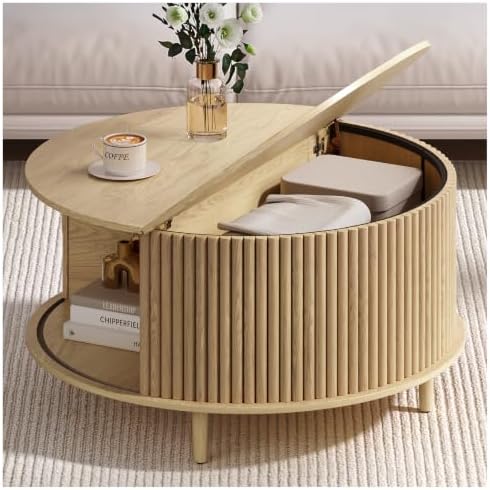 JOINICE Oak Round Coffee Table with Storage for Living Room, 31.5"