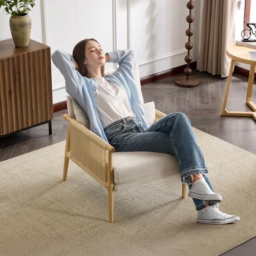VINGLI Boho Braid Accent Armchair,Mid-Century Modern Chiar with Solid Wooden Armrest,Comfy Louge Cushion Chair with Waist Pillow for Bedroom,Living Room,Reading Room, Gray Beige