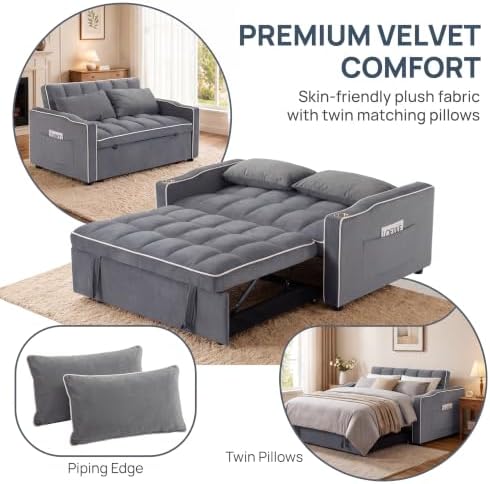 Convertible Pull Out Sofa Bed with Cup Holders & Side Pocket, Gray