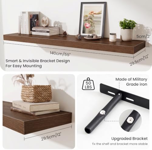 55 Inch Floating Shelves for Wall - 12 Inch Deep Fireplace Mantel Shelf - Wood Floating Shelf for Wall - Large Storage Shelves Wall Mount for Living Room & Bedroom - Walnut - Set of 1