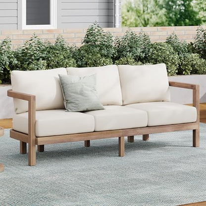 Merax 3 Seater Outdoor Acacia Wood Patio Sofa with Cushions for Porch, Garden, Backyard, Balcony, Brown wash, Beige Cushion