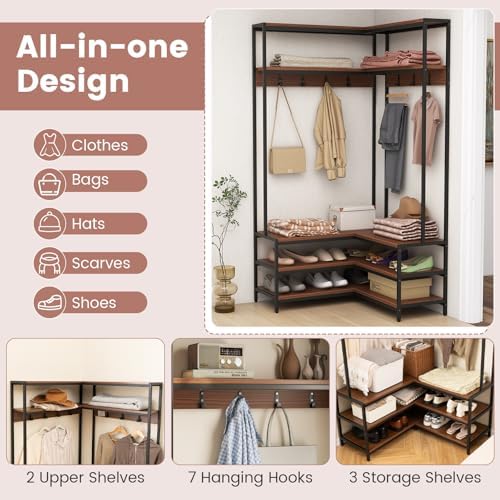 GIANTEX Corner Coat Rack, L-Shaped Hall Tree with Bench and Shoe Storage