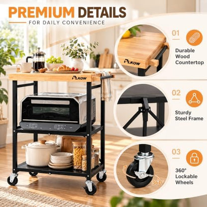 Foldable 3-Tier Rolling Kitchen Cart with Solid Oak Top, Black