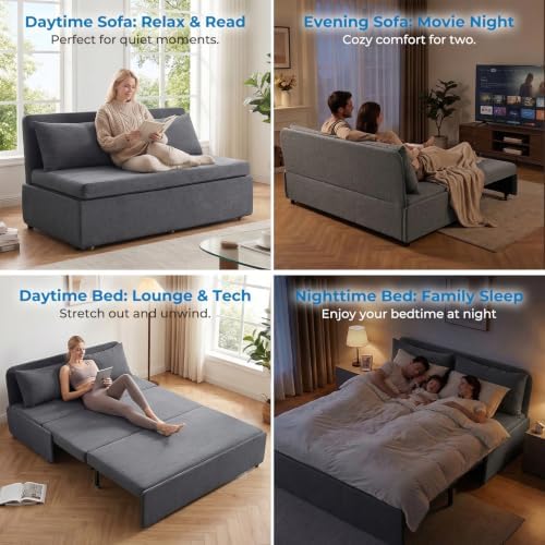 Mjkone Queen Pull Out Sofa Bed, 62" W Sleeper Couch Beds, 2-in-1 Modern Convertible Linen Sofas Sleeper Pull Out Sofa Couch Bed with Mattress & Pillows for Guest Room Bedroom Small Space, Dark Grey