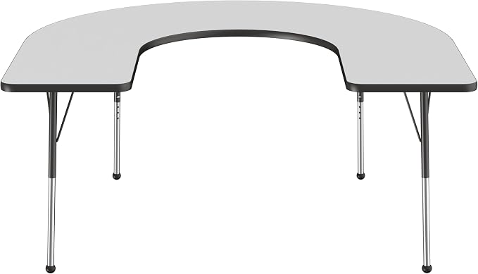 FDP Horseshoe Activity School and Office Table (60 x 66 inch), Standard Legs with Ball Glides for Collaborative Seating Environments, Adjustable Height 19-30 inches - Gray Top and Black Edge