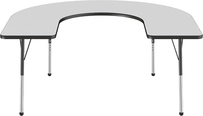 FDP Horseshoe Activity School and Office Table (60 x 66 inch), Standard Legs with Ball Glides for Collaborative Seating Environments, Adjustable Height 19-30 inches - Gray Top and Black Edge