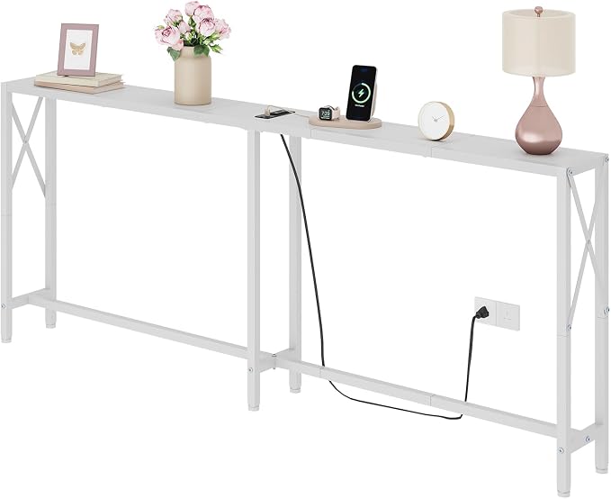 Gewudraw 70 in Skinny Sofa Table Behind Couch, Console Table with Oulets & USB Ports for Hallway, Entryway,Living Room, Bedroom, White | Industrial Style, Long Skinny Design, Hallway & Living Room, Built-In Power Outlets, 172cm Length