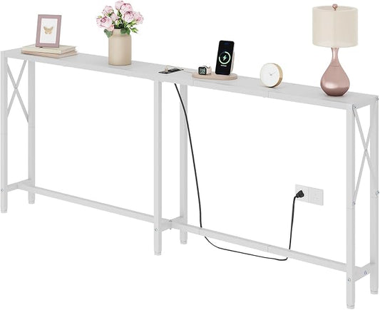Gewudraw 70 in Skinny Sofa Table Behind Couch, Console Table with Oulets & USB Ports for Hallway, Entryway,Living Room, Bedroom, White | Industrial Style, Long Skinny Design, Hallway & Living Room, Built-In Power Outlets, 172cm Length