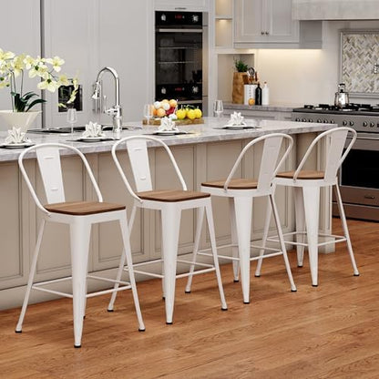 24" Metal Counter Height Bar Stools with Back Set of 4 Off-White
