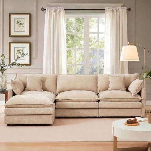Modern 102" L Shaped Sectional Sofa Cloud Couch, Modern Chenille Comfy Modular Sleeper Sofa, Upholstery Sofa with Ottoman & Memory Foam for Living Room, Coffee