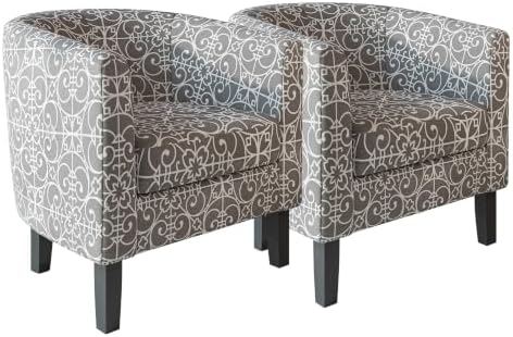 BELLEZE Accent Barrel Chair Set of 2, Linen Round Chair Club Tub Sofa Corner Chair with Flared Legs and Cozy Soft Padding for Living Room Bedroom Waiting Room - White & Gray