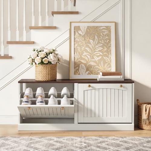 41”Wide Shoe Storage Bench with 2 Flip Drawer, White Narrow Shoe Cabinet
