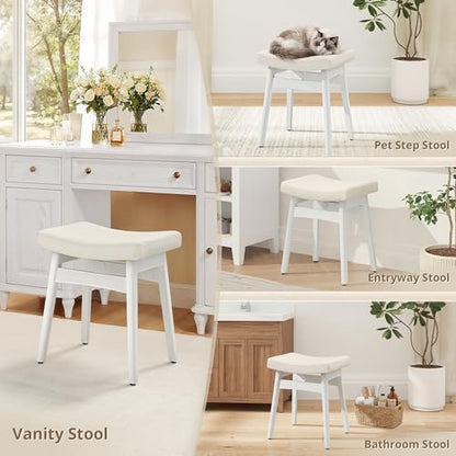 LUE BONA Vanity Saddle Stool with Wood Legs, Modern Vanity Chair for Makeup