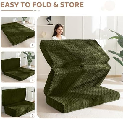 BYBYME Memory Foam Tri-Folding Mattress, 6 Inch Gel Folding Mattress Topper, Foldable Soft Guest Bed Camping Pad, with Washable Cover (Green, Queen)