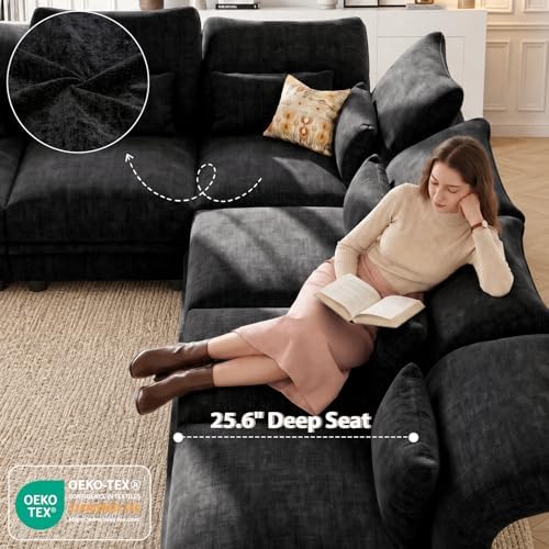 LLappuil 102 Inch Modular Sectional Sofa with Storage, 6 Piece Deep Sleeper Sectional Couches for Living Room with Adjustable Armrest Backrest, Black Chenille