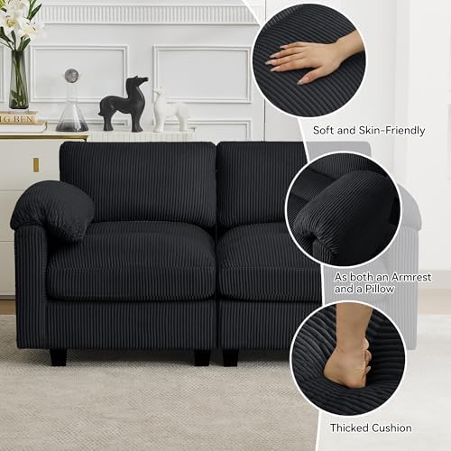 Modular Sectional Sofa, 114'' Corduroy Deep Seat 4-Seater Couch, Black