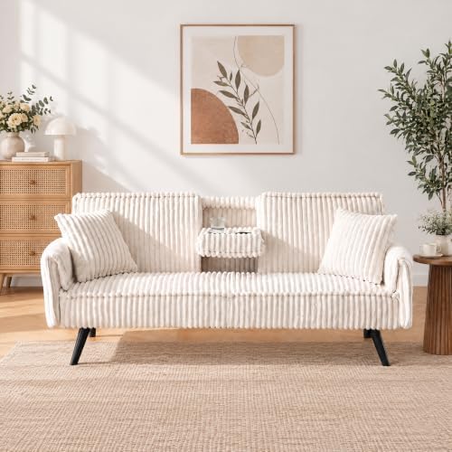 Corduroy Convertible Sofa Bed, Futon Couch with Cup Holders, White