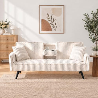 Corduroy Convertible Sofa Bed, Futon Couch with Cup Holders, White