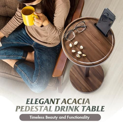 BLUEWEST Small Round Side Table, Drink Table with Phone Slot, 24.4" Walnut