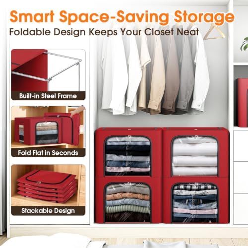 6 Pack Clothes Storage Bins with Metal Frame, Red, 40L