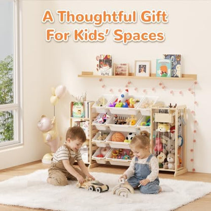 Toy Storage Organizer with Stuffed Animal Storage, Playroom Toy Organizer with 12 Toy Bins for Bricks, Toy Holder for Toddler Rooms, Playrooms, Bedrooms