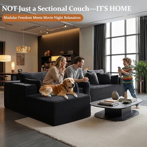 138" Cloud Sectional Couch, Comfort L Shaped Boneless Couch for Living Room, Extra Deep Seats No Assembly, Minimalist Modular Sofa, Corduroy (Black, 3 Seater+Right Facing Chaise)