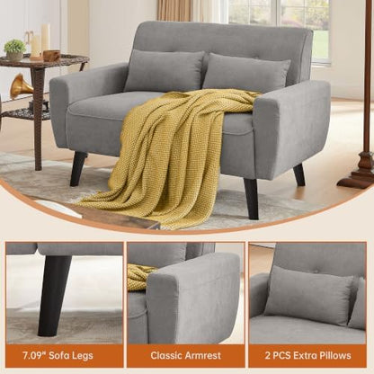 48" Small Loveseat Sofa, Mid Century Modern Love Seat Couch, 2 Seat Tufted Couches with Throw Pillows for Living Room, Apartment, Bedroom and Small Spaces, Light Grey