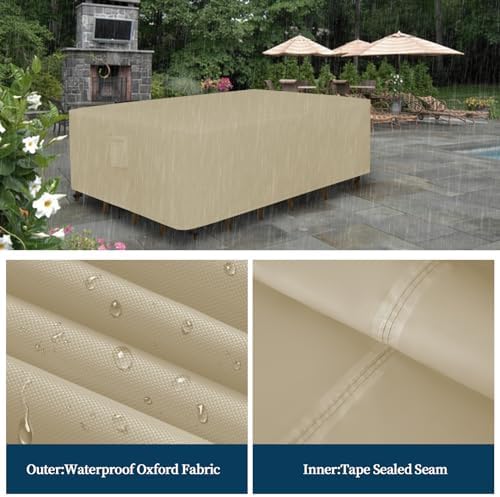 Easy-Going Rectangle Patio Furniture Cover Waterproof Outdoor Dining Table and Chair Cover Anti-UV Outside Sectional Sofa Set Covers (111"L x 74"W x 28"H, Camel)
