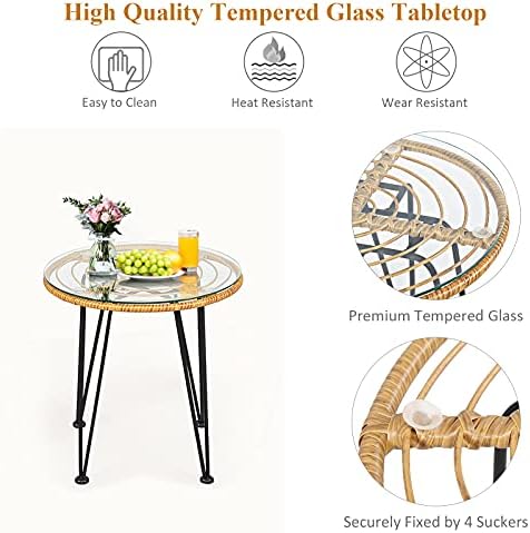 Tangkula 3 Pieces Patio Bistro Set, Rattan Conversation Set with 2 Cushioned Armchairs & Round Glass Coffee Table, Indoor Outdoor Wicker Furniture Set for Balcony, Backyard, Garden, Poolside