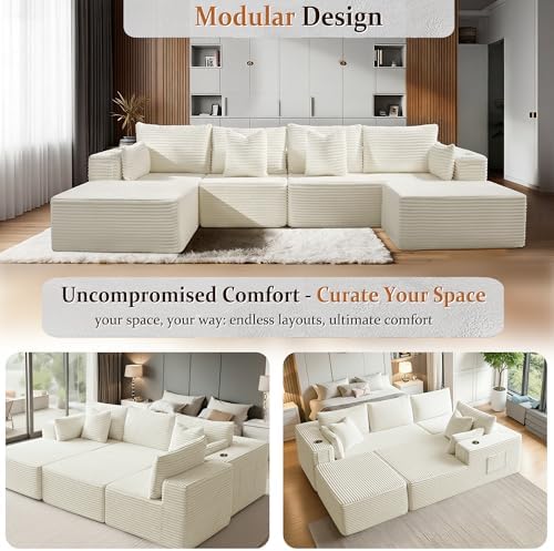 37" Cloud Sectional Couch Ottoman for Living Room, Extra Deep Seats No Assembly, Minimalist Modular Couch, Corduroy (Cream, Single Ottoman)