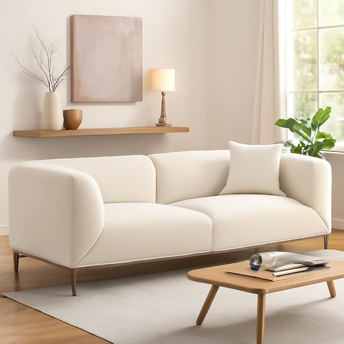 82.68" Modern Luxury Fabric Sofa Couch with Metal Legs, Upholstered 3-Seater Sofa for Living Room, Easy Assembly Contemporary Linen Couch, Stylish Comfort Seating for Apartment & Home(White)