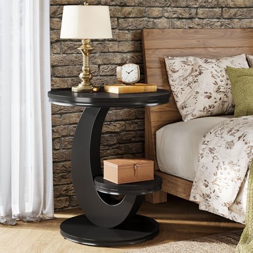 Tribesigns Round End Table, 2 Tiers Side Table with Storage Shelf, Sofa Side Bedside Nightstand with Wood Metal Arc-Shaped Frame for Small Spaces, Living Room, Bedroom, Easy to Assemble, Black (1PCS)