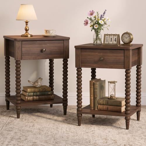 Walnut Brown Nightstands Set of 2, 25" H, Drawer & Shelf