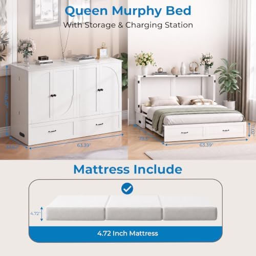 Mjkone Queen Murphy Bed Cabinet with Charging Station & Storage, White
