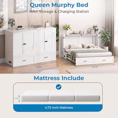 Mjkone Queen Murphy Bed Cabinet with Charging Station & Storage, White