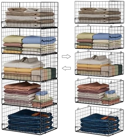5-Tier Stackable Closet Organizers and Storage Shelves, Closet Shelf Organizer Basket Bins, Foldable Sweater Storage for Closet Organizer System, Black(Patent 30022416)