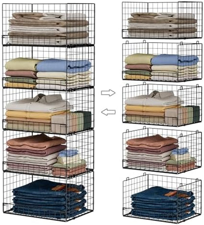 5-Tier Stackable Closet Organizers and Storage Shelves, Closet Shelf Organizer Basket Bins, Foldable Sweater Storage for Closet Organizer System, Black(Patent 30022416)