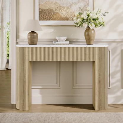47" Console Table, Fluted Sofa Table with Sturdy Construction, Small Curved Entryway Table for Entrance, Behind The Couch, Hallway, Living Room, Foyer（Faux Marble White+Natural）