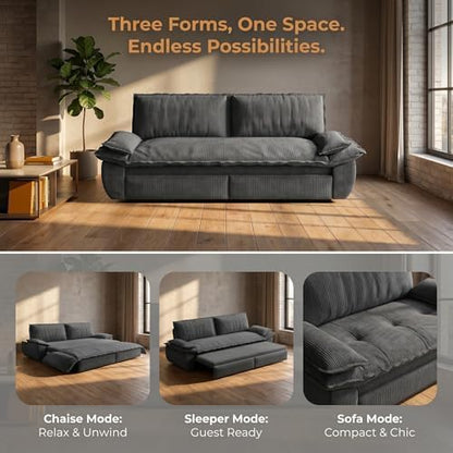 73.2" Sofa Bed Queen, 3-in-1 Pull Out Sofa Bed with Pillow Armrest, Modern Corduroy Convertible Sleeper Futon Sofa for Living Room Small Space, Apartment, Bedroom, Grey