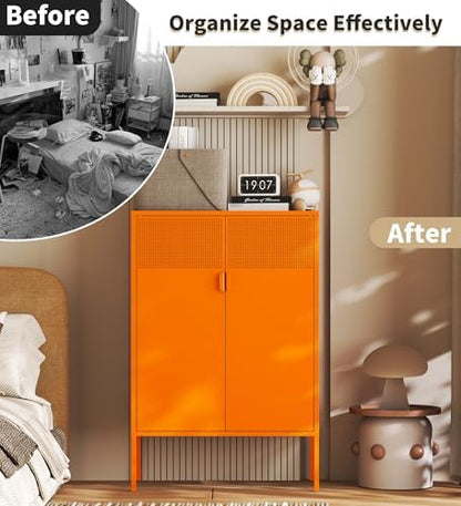 Orange Metal Storage Cabinet with 2 Doors, 47''H Locker Cabinet