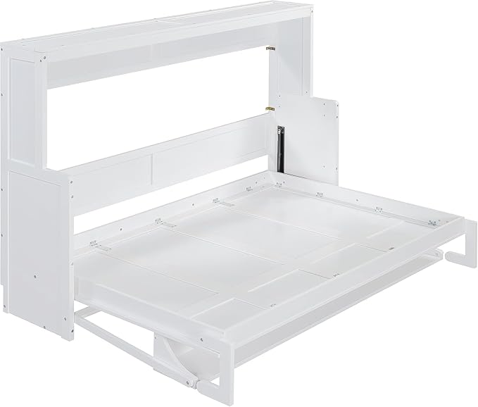 Virubi Full Horizontal Murphy Bed with Desk,Solid Wood Folding Hideaway Murphy Wall Bed for Adult,Guest Room (White,Full)