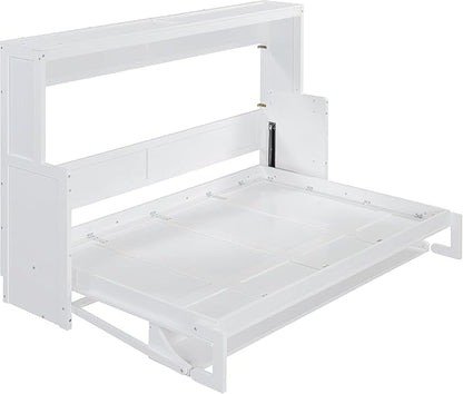 Virubi Full Horizontal Murphy Bed with Desk,Solid Wood Folding Hideaway Murphy Wall Bed for Adult,Guest Room (White,Full)