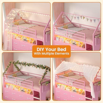 Low Loft Bed Twin Size with 8 Storage Drawers, LED House Loft Bed