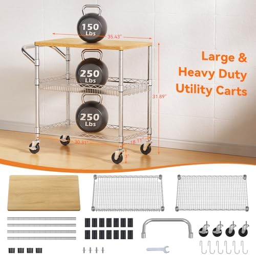 3 Tier Rolling Kitchen Carts on Wheels with Storage,650Lbs Heavy Duty Utility Carts with Wheels,Kitchen Island with Wood Tabletop,Metal Serving Rolling Cart for Small Appliance Food Cart,Wood+Metal